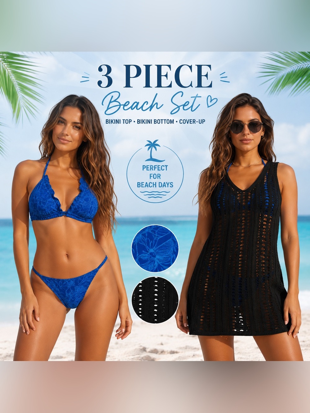 Unbranded Women’s Blue Floral Bikini Set + Black Crochet Beach Cover-Up medium